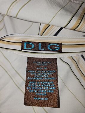 DLG cream and black diagonal striped polyester & spandex blouse with button-up